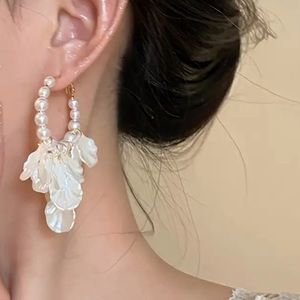 Shell Tassel Faux Pearl Decor Hoop Earrings Retro Simple Style Acrylic
